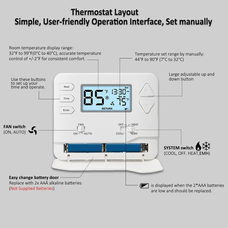Miuputake Thermostat for Heat Pump,NonProgrammable Thermostat for Home, Conventional Single-Stage Systems,2 Heat/1 Cool Heat Pump Or 1 Heat/1 Cool, Easy DIY Install, White Backlight - Image 4
